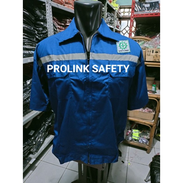 BAJU SAFETY LENGAN PENDEK BIRU RESLETING KAIN DRILL ADEM