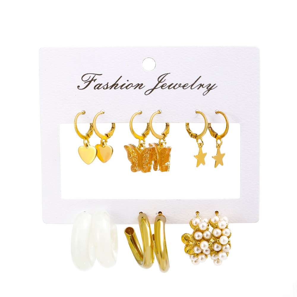 Butterfly set 6 Pasang Anting Mutiara Bentuk Kupu-Kupu Geometris Untuk Wanita