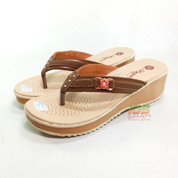 Sandal Wanita Jepit Wedges Melati Kenzi Hak 5cm Size 37-40 Coklat Krem