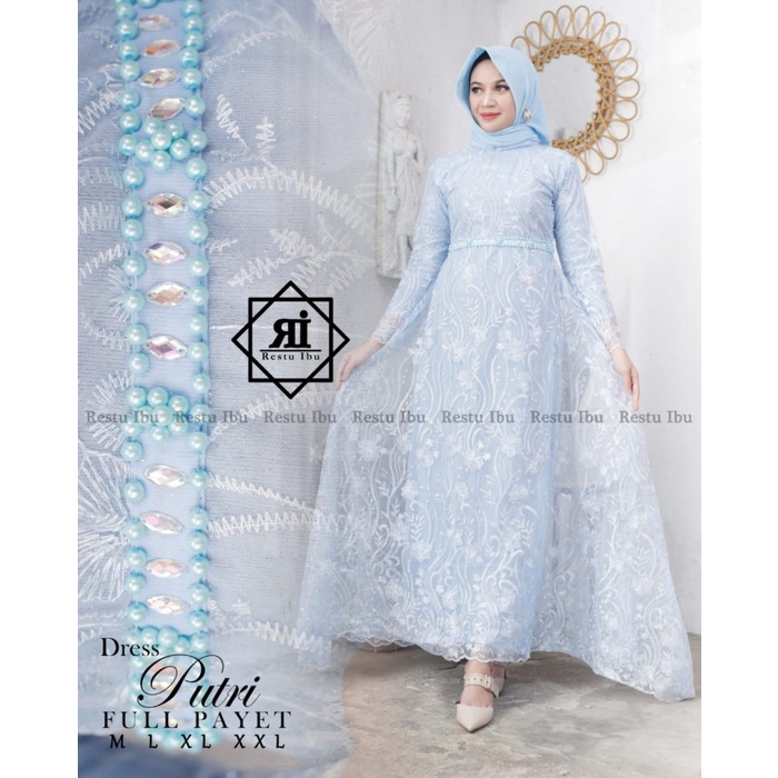 Naily kebaya - Setelan kebaya dress putri / dress tille mix payet muti - biru langit, XXL