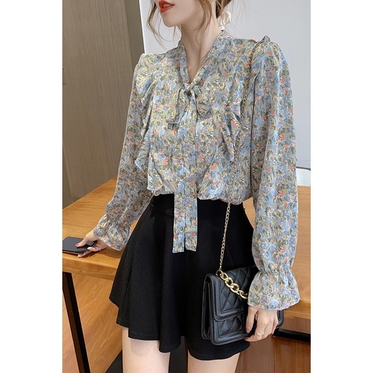 Fashion Korea Style Lengan Panjang Blus Wanita Musim Panas Casual Blouse Motif Bunga Bahan Sifon Warna Pink Atasan Kemeja Wanita