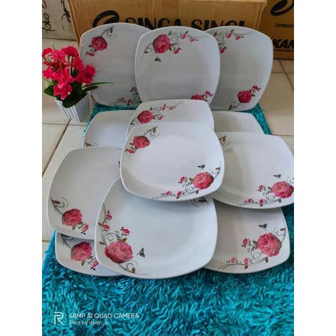'BEST SELLER' 1 LUSIN PIRING MELAMIN PERSEGI BUNGA MAWAR SINGA-SINGI 9inchi - PIRING MAKAN / PIRING 