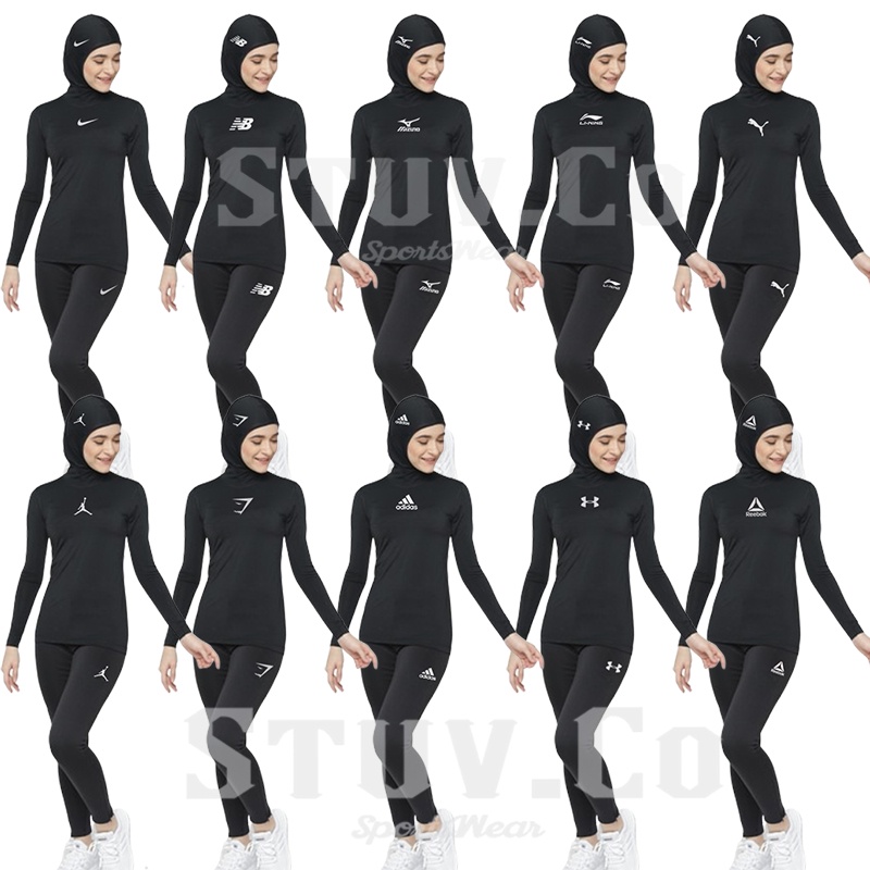 PAKET BASELAYER PANJANG JARI LONGSLEEVE THUMBHOLE CELANA LEGGING PANJANG DAN KERUDUNG HIJAB INSTAN SPORT OLAHRAGA WANITA