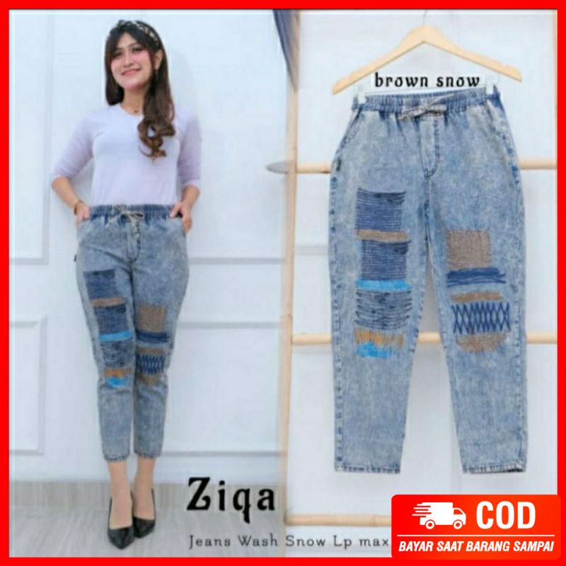 ziqa baggy jeans motif bordir zigzag pinggang full karet LP +/- 110