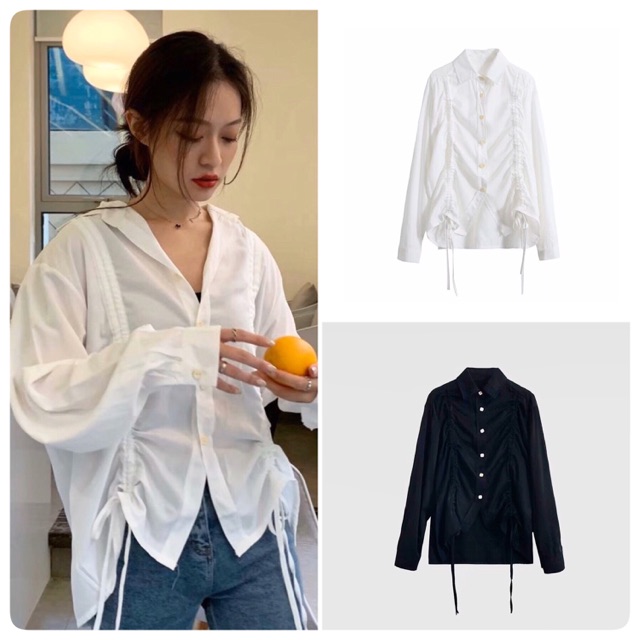 BLOUSE WANITA LENGAN PANJANG KERUT TALI HITAM / PUTIH