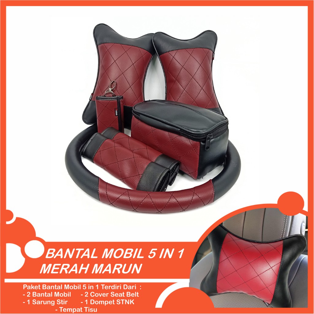 Set Bantal Mobil 5 in 1 Premium Bantal Leher Cover Stir Seatbelt Tempat Tisu Free Dompet STNK