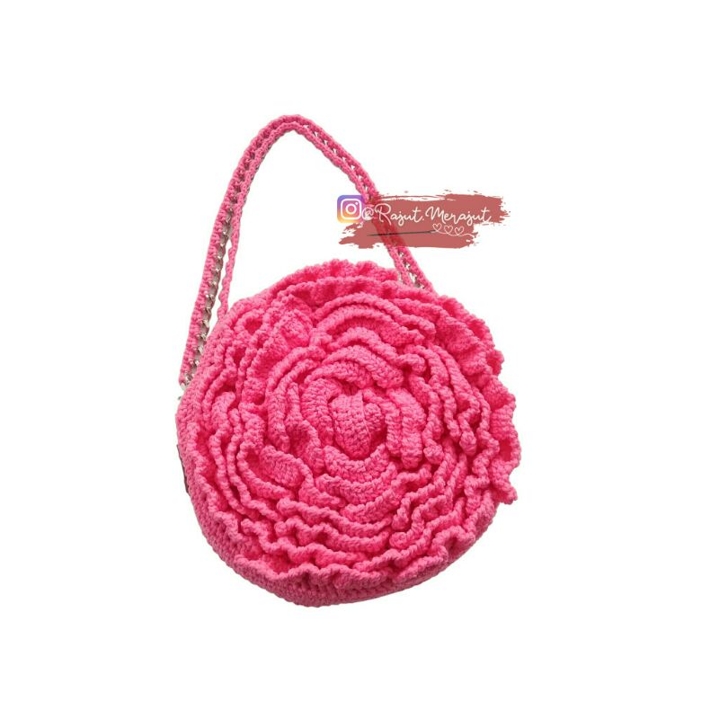 Tas Rajut Bulat Bunga Mawar | Crochet Mega Rosa Round Slingbag