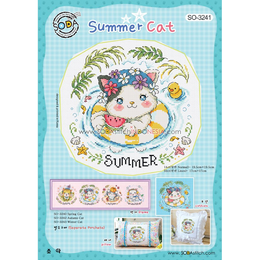 Paket DIY Craft Kristik Strimin Cross Stitch Sodastitch SO-3241 - Summer Cat Kucing Musim Panas