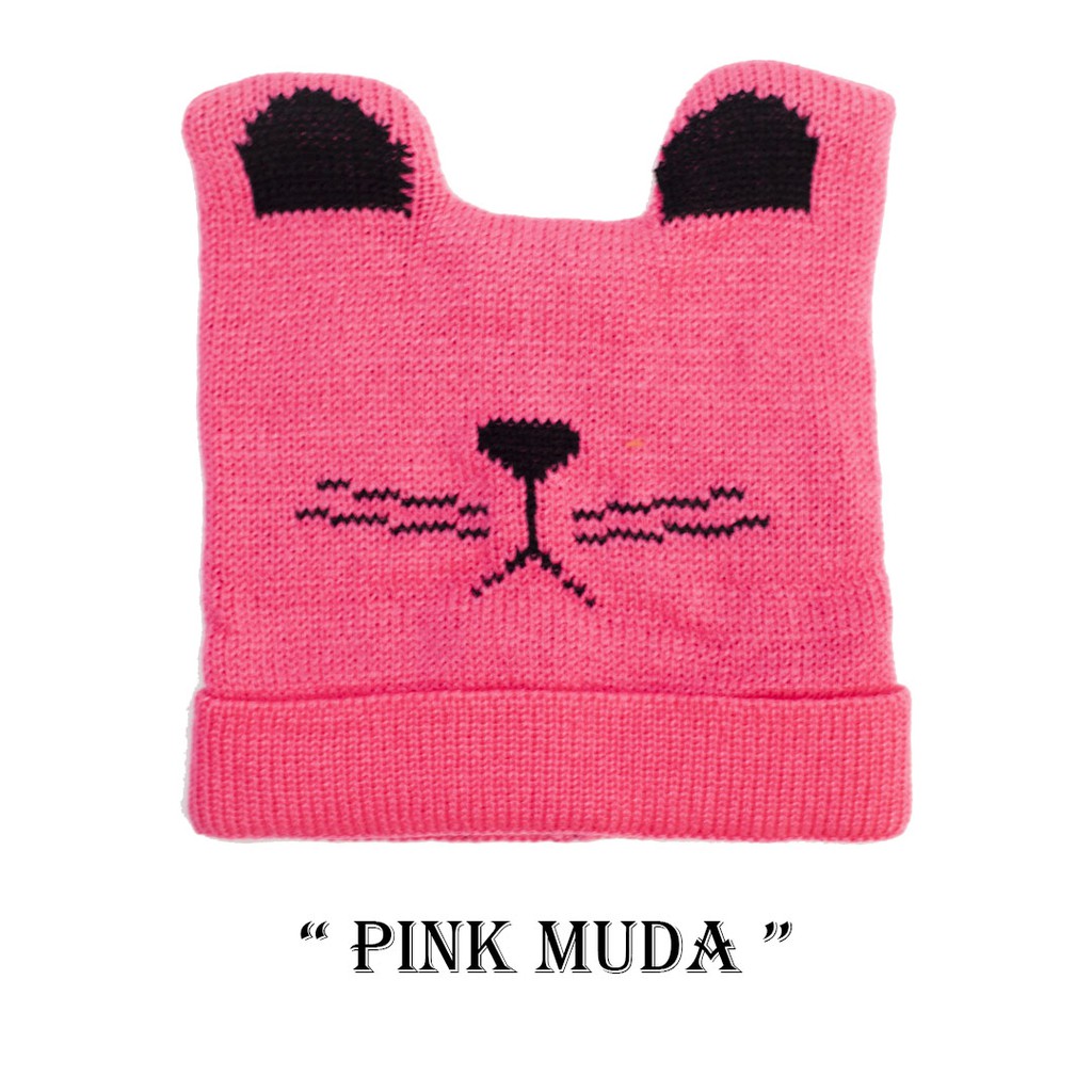 Kupluk Anak Bayi Cewek Cowok Karakter Kucing Polos / Bordir Nama Suka Suka-Pink Muda