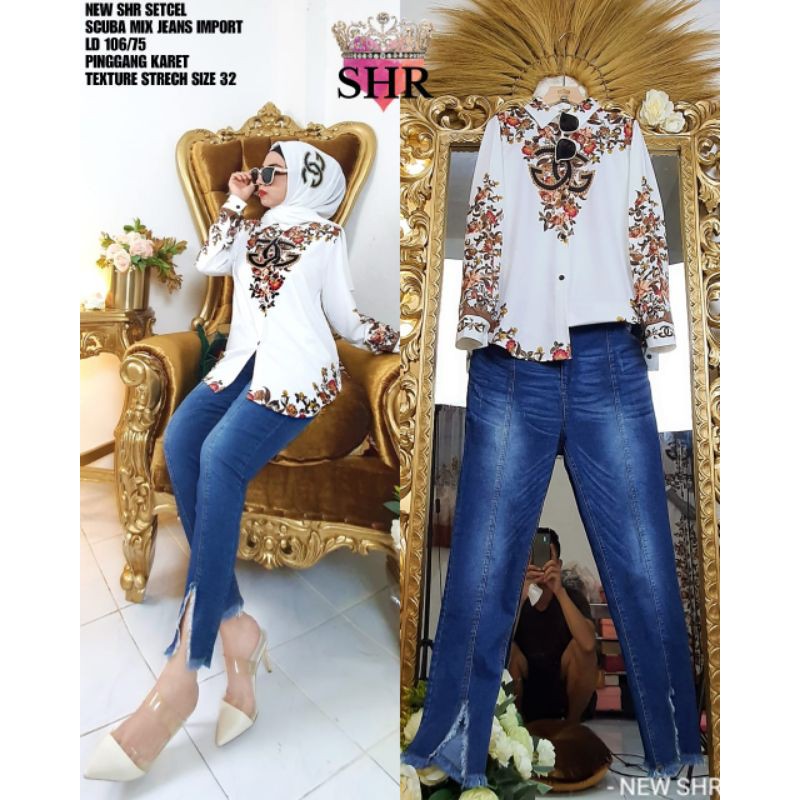 NEW SHR ORI 100% ONE SET SETELAN CELANA SETCEL JEANS PREMIUM MIX SCUBA IMPORT PUTIH EID EDITION