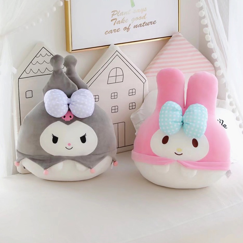 Bantal boneka cartoon melody kuromi cinanmoroll purin pakai pita polka bahan plush