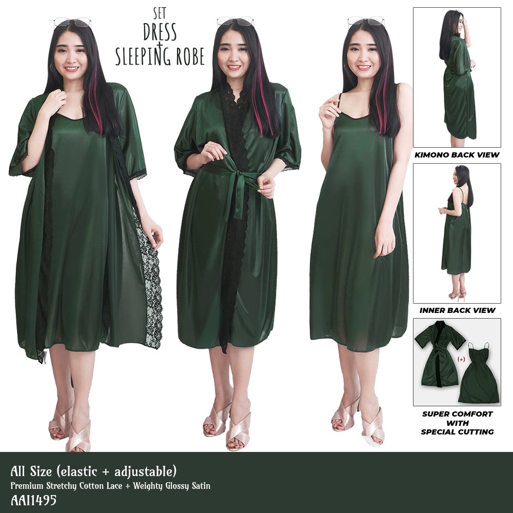 FOLVA baju tidur kimono set tanktop dress satin 1496HSET hijau allsize