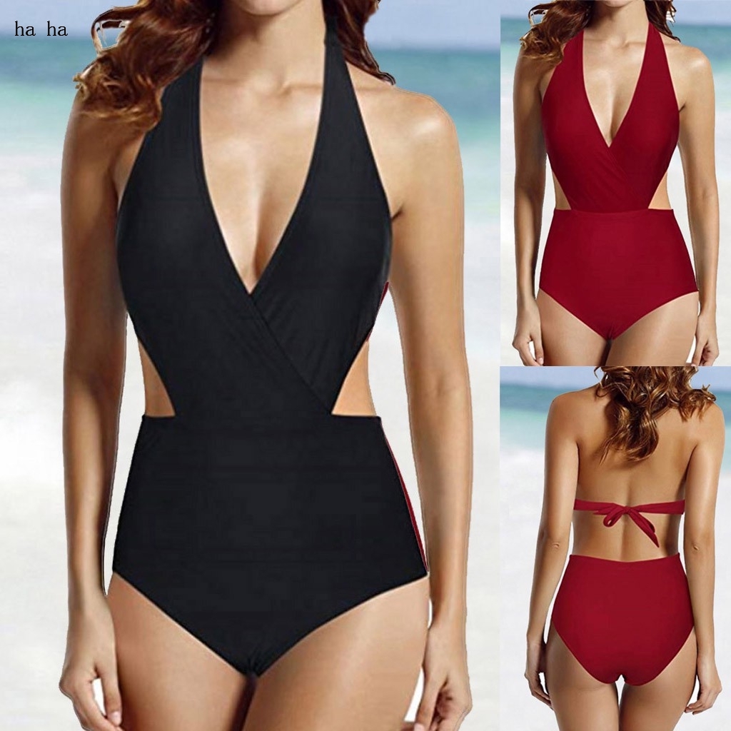 Wanita Surplice Leher Tinggi Berpinggang Halter Monokini ...