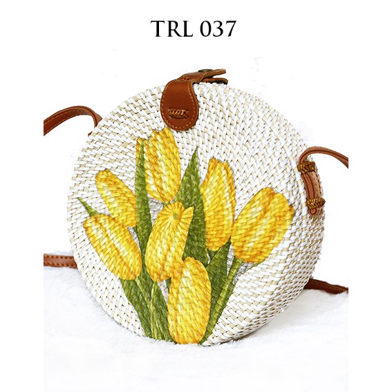 Sweet Honey ~ Grosir Tas Selempang Rotan Bulat Murah 20cm Bali Lukis Motif Bunga Tulip TRL037 [Bisa COD]