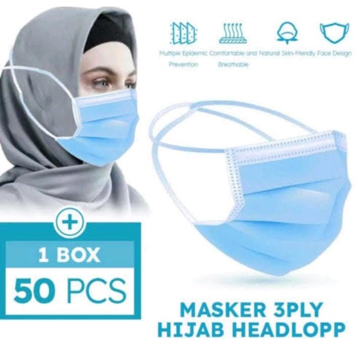 MASKER 3 PLY HIJAB HEADLOP 50 PCS