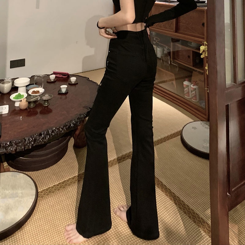 Red Spice Girls Hitam Micro-Flare Jeans Wanita Musim Gugur Baru Slim Fit Ketat Ketat Peregangan Pinggang Tinggi Lurus Mengepel Celana