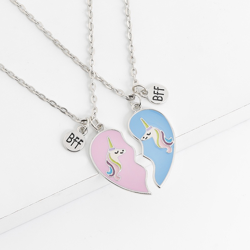 &lt; E2id &amp; &gt; 2pcs / Set Kalung Rantai + Liontin Motif Unicorn + Hati Untuk Perhiasan Wanita / Teman