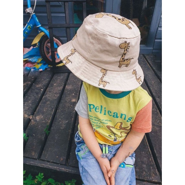 Topi Bucket Jerapah Kids Anak Ada Tali Sablon / Baby Bucket Hat Giraffe Cotton Unisex Laki Laki dan Perempuan 1-8 Tahun