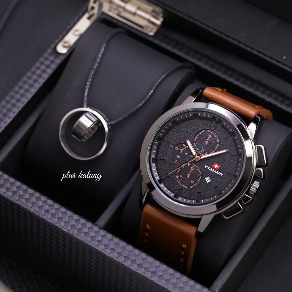 Jam tangan pria tali kulit /Jam tangan cowok keren fre kalung/Jam tangan pria terbaru