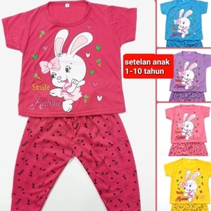 setelan kaos anak perempuan 1-10 thn lengan pendek celana panjang CP cewek baju tidur rabbit kelinci Grosir