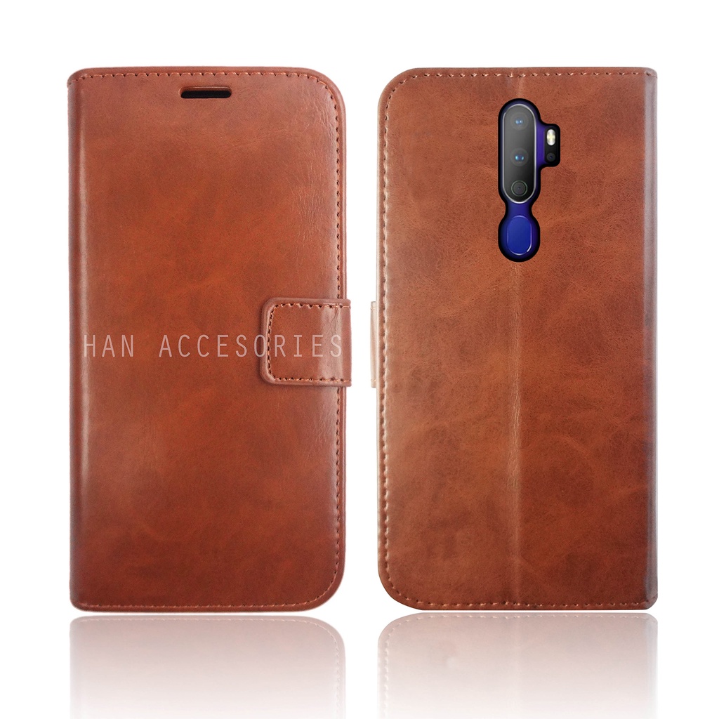 (PAKET HEMAT) Fashion Selular Flip Leather Case OPPO A5 2020 / A9 2020 Flip Cover Wallet Case Flip Case + Nero Temperred Glass