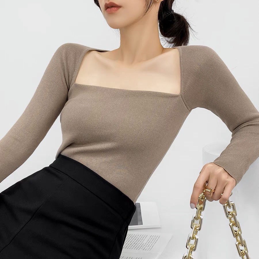 [✅BISA COD] #Sisjuly# French Warm Square Neck Skinny Knit T-Shirt Stretch Crop Top