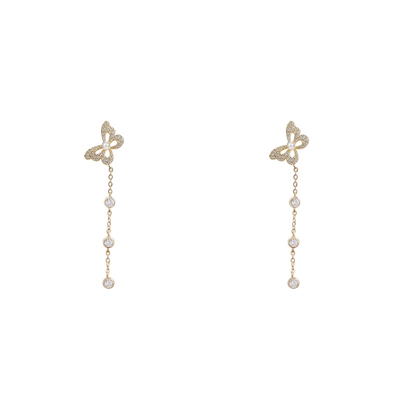 Anting Tusuk Gantung Panjang silver 925 Wanita Desain Kupu-Kupu Rumbai Full Berlian Mewah