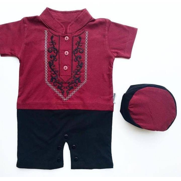 MO - BJ296 - JERKOCI 0-6 bulan jumper koko peci anak bayi romper laki cowok baby boy baju muslim-MERAH