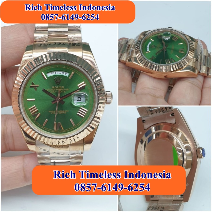 Hot Sale  Jam Tangan Analog Pria Keren Merk Rolex Day-Date Stainless  Gold Dial Green Swiss Eta Full