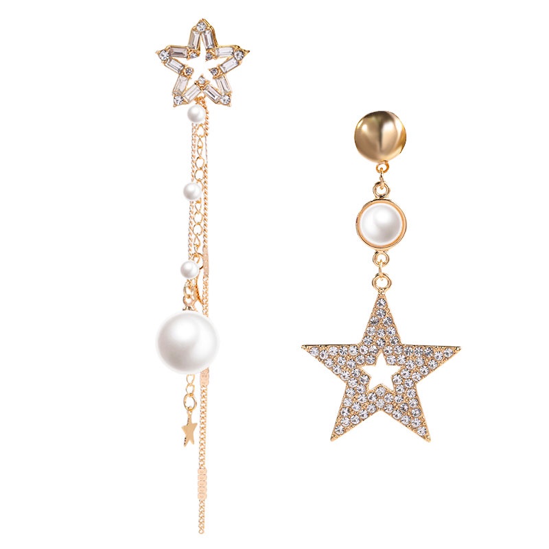 Anting S925 Silver Needle Model Rumbai Panjang Asimetris Aksen Mutiara Berlian
