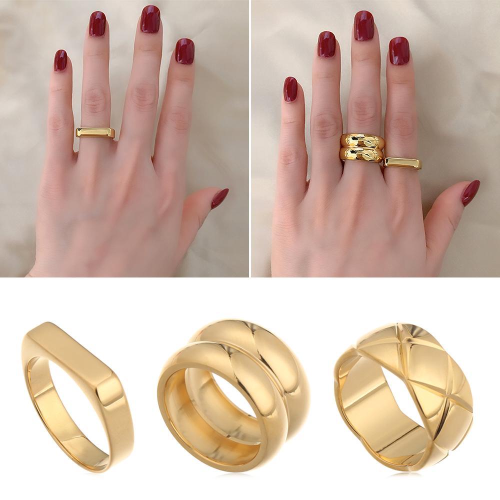 R-bunga Chunky Cincin Wanita Jari Fashion Emas Tebal Stack Rings Geometris