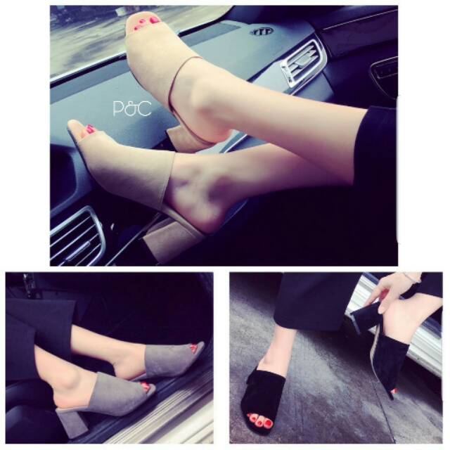 Sendal pump heels sandal wanita selop lucu cewek slop vintage tahu murah model import branded