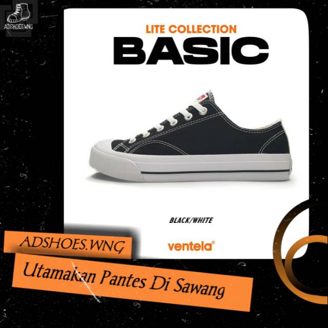 Sepatu Sneakers Ventela Basic Low Black White Pria Wanita Cewek Cowok Sekolah Casual Murah