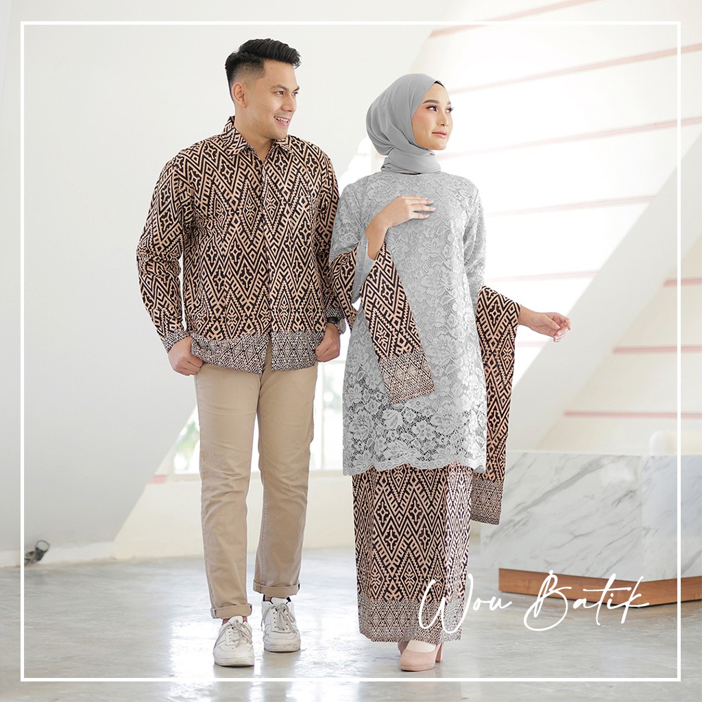 WOU BATIK - Batik Couple Laskita Kebaya Brokat Polos Premium Rok Span Pinggang Karet Allsize Kemeja Pria Lengan Panjang Size M,L,XL-GREY