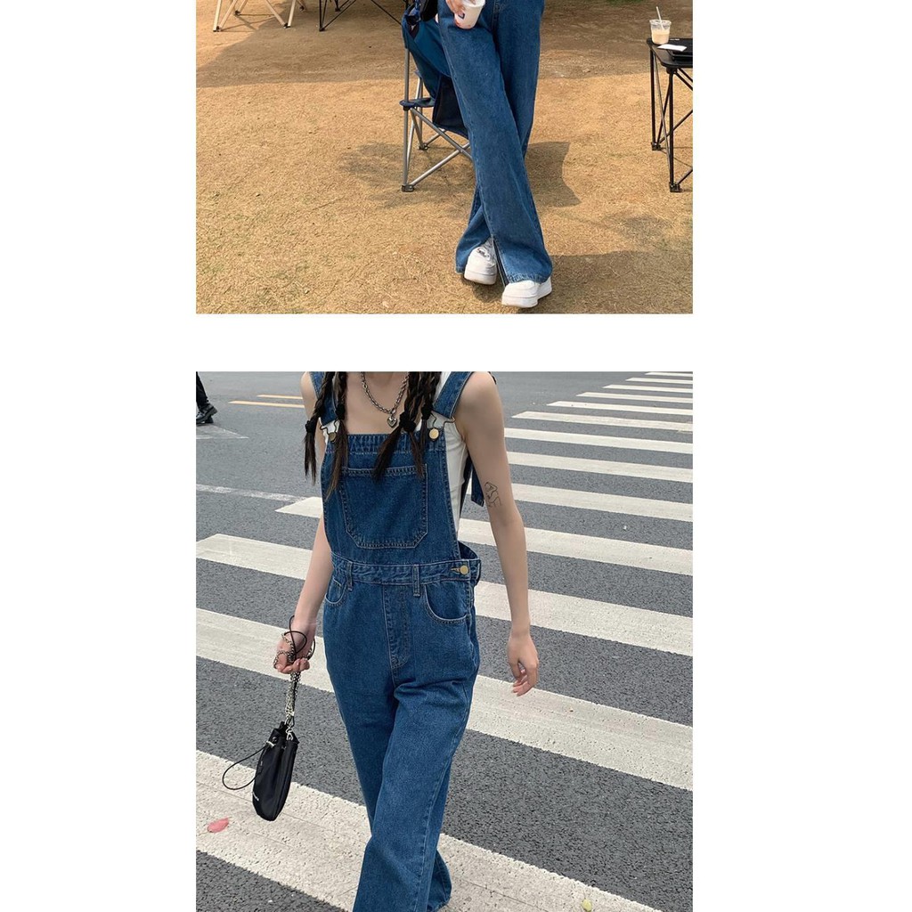 Suhao Baru keseluruhan slits slits vintage celana jeans wanita garis garam lurus kaki lebar jumpsuit