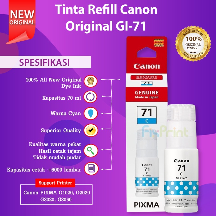 Tinta Refill Canon GI-71 GI71 GI 71 Printer PIXMA G1020 G2020 G3020