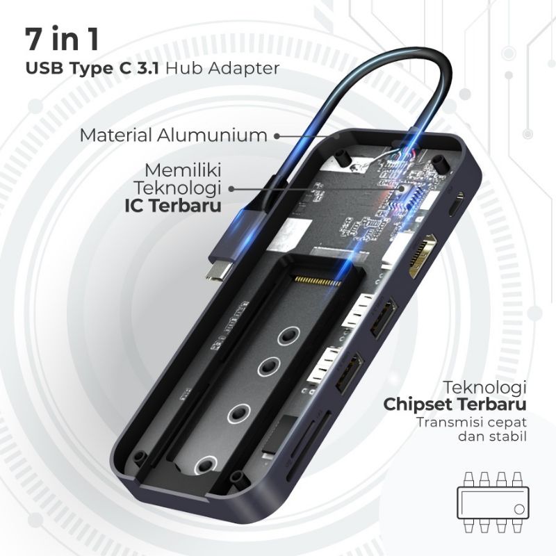 USB Type C 3.1 Hub Converter HDMI SD/TF+M.2 SSD 7 in 1 PX UCH-600