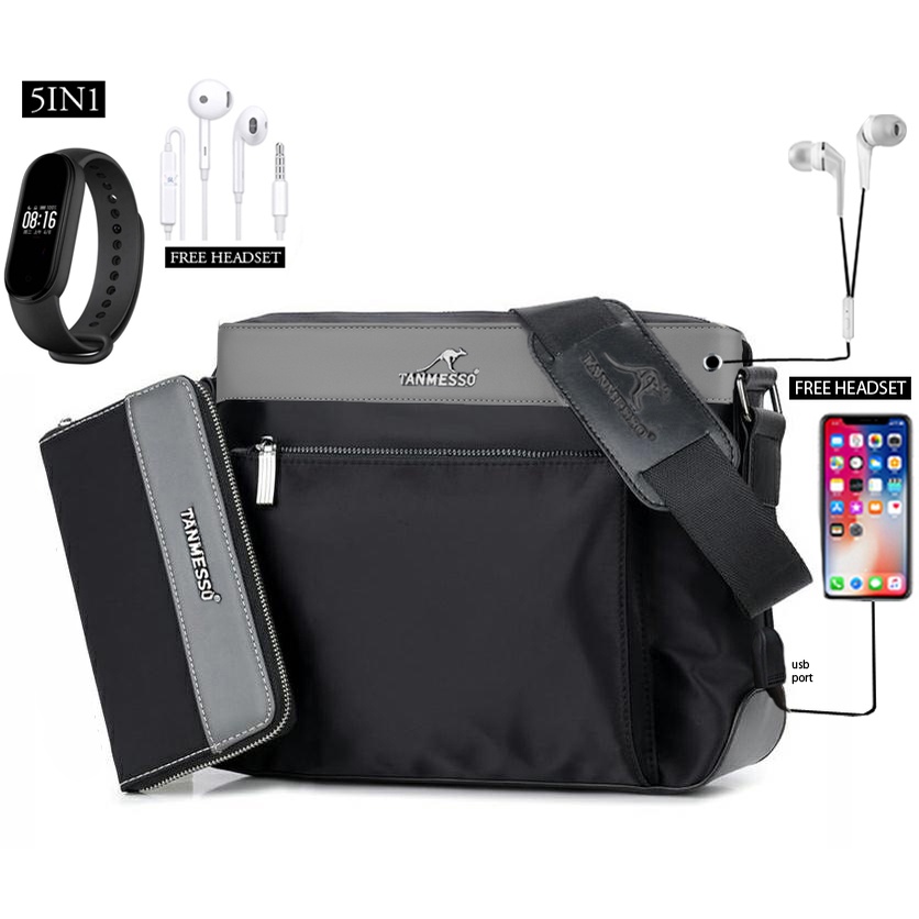 TANMESSO 5IN1 BAYAR DITEMPAT-BONUS JAM LED,DOMPET &amp; USBPORT&amp;HEADSET-tas selempang waterproof