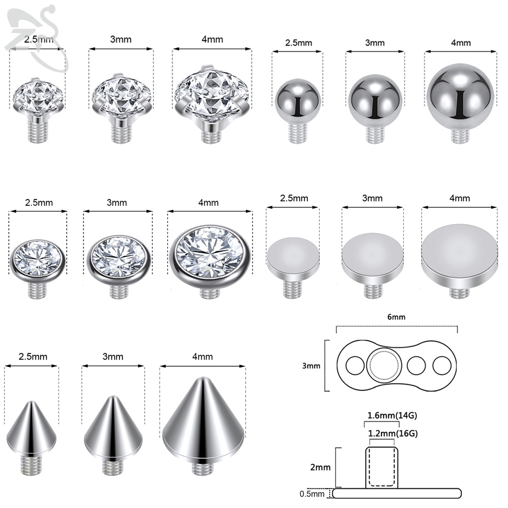 1 Set 16G Stainless Steel Micro Dermal Piercing CZ Crystal Dermal Anchor Surface Piercings Skin Diver Body Piercing