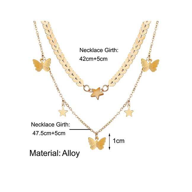 LRC Kalung Fashion Golden Butterfly Pentagram Leaf Chain Multi-layer Necklace K25194