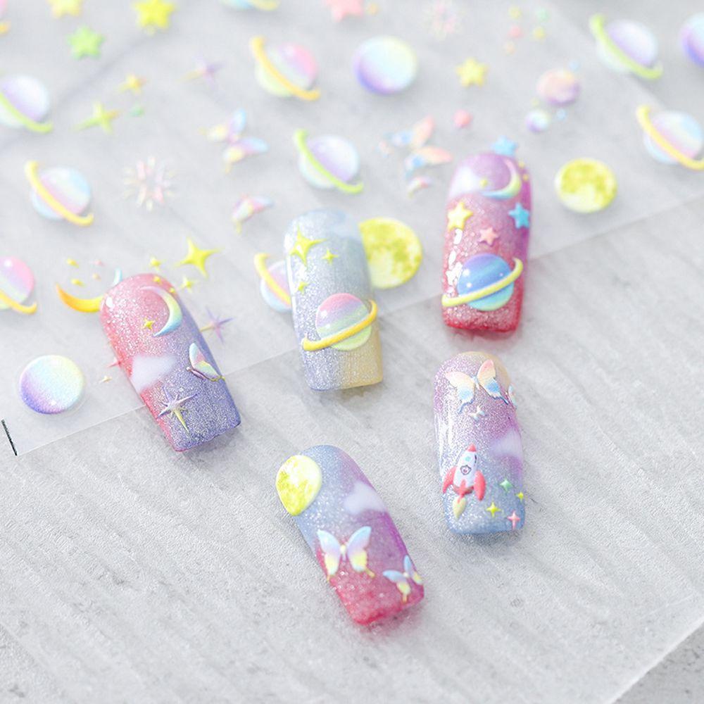 Mxbeauty Kartun Stiker Kuku Cherry Bintang Spaceman Pelangi Roket Perekat Diri DIY Nail Art Dekorasi