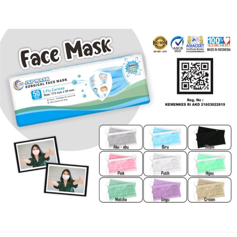 MASKER MEDIS JSP 3 PLY ISI 50 PCS / FACE MASK JSP IZIN KEMENKES