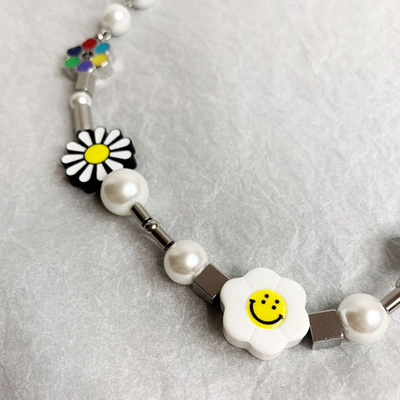 Daisy Smiley Pearl Necklace Bracelet Hip Hop Tide Titanium Steel