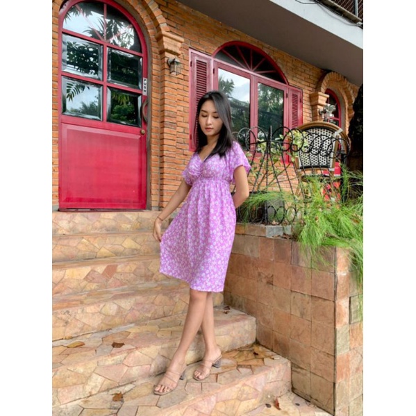 [BaliGirl] DRESS V-NECK LENGAN PENDEK MOTIF DAISY STYLE KOREAN