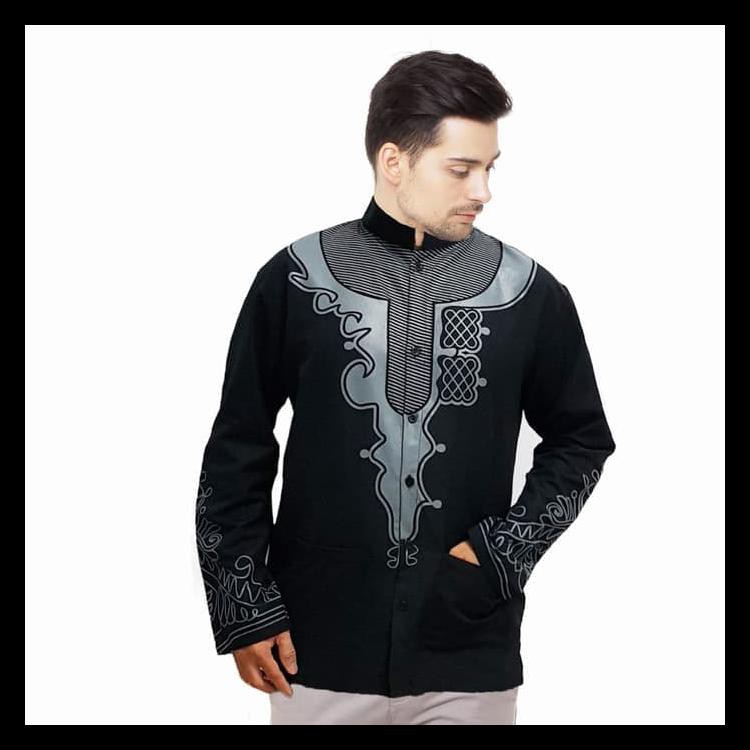 paling murah Okechuku Baju Koko Black Panther Pria Motif PRINTING Tangan Panjang - Hitam, XL fit to