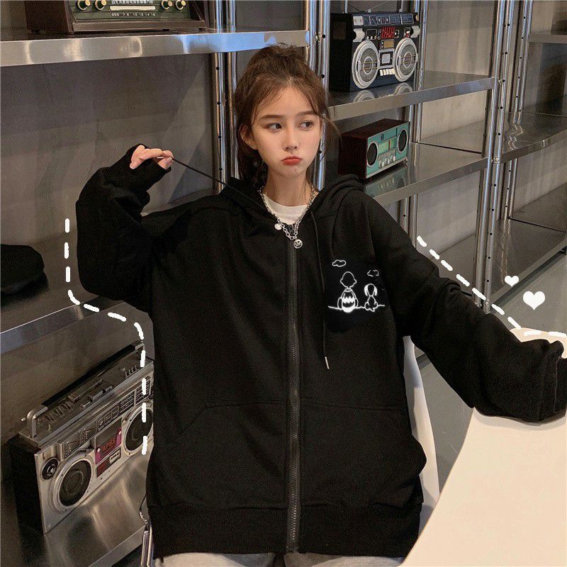 S - XXXXXL(6XL) Zip Hoodie SNOOPY Cute Dog Korean Fashion Pria Wanita BIG SIZE OVERSIZE Jumbo 6XL 5XL 4XL 3XL 2XL XL L M Jaket Resleting Kawaii Harajuku Jaketin aja Hitam Putih