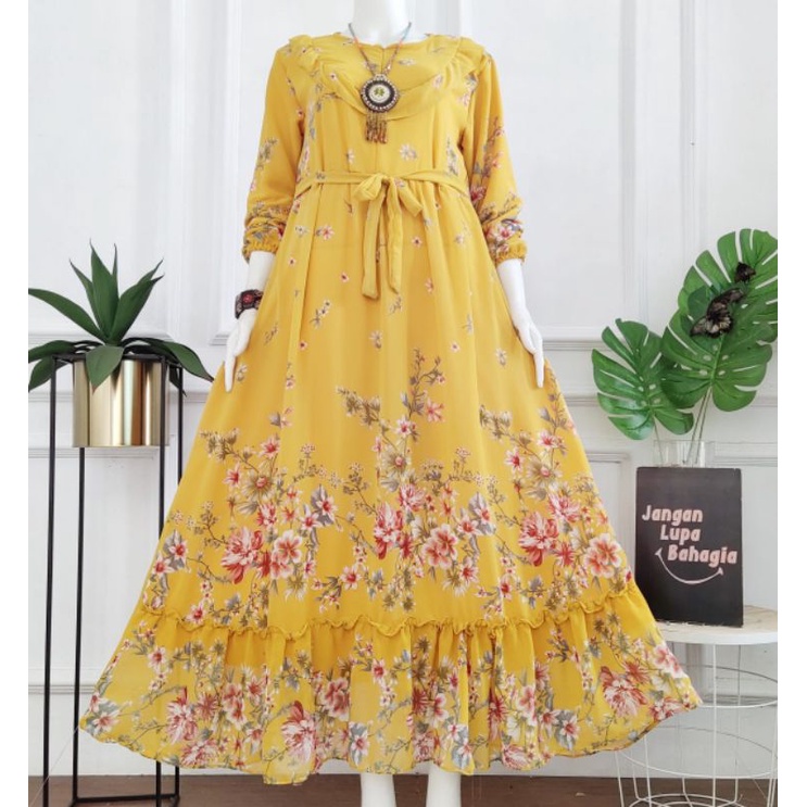 Gamis Ceruty Rempel Dada Motif Bunga Cantik