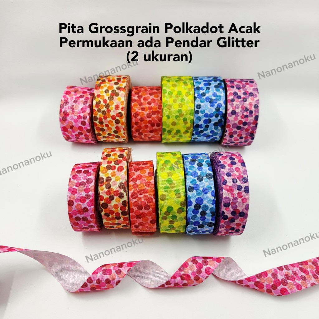 Pita Grossgrain 24 &amp; 36 mm Motif Polkadot Acak Pendar Glitter Hiasan Hampers Souvenir Mahar