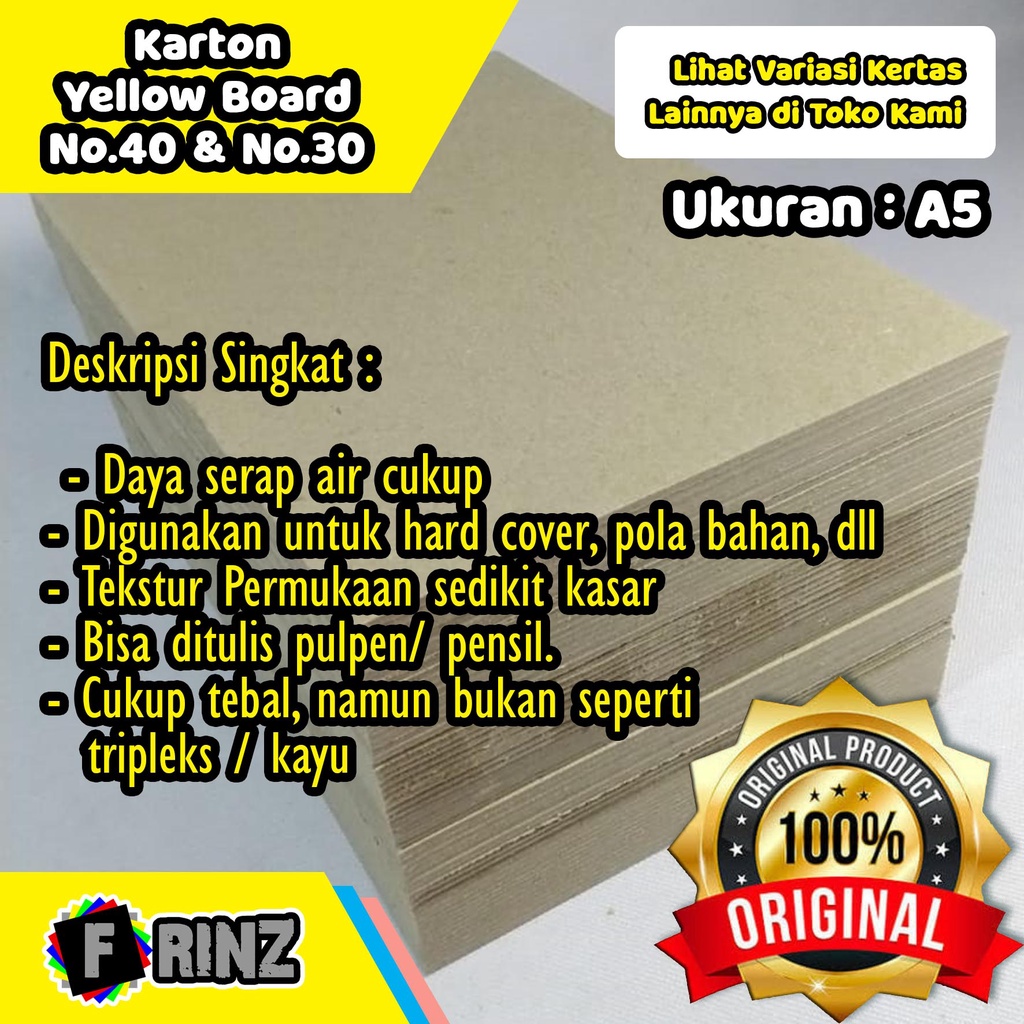 

Kertas Karton Kuning Bot No. 30 dan 40 Ukuran A5 / Carton Yellow Board / Hard Board Cover Packing No 30 & 40