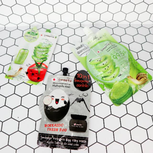 Paket Skin Care Smooto: Tomato Aloe Snail White & Acne Sleeping Serum, Volcanic Egg Clay Mask